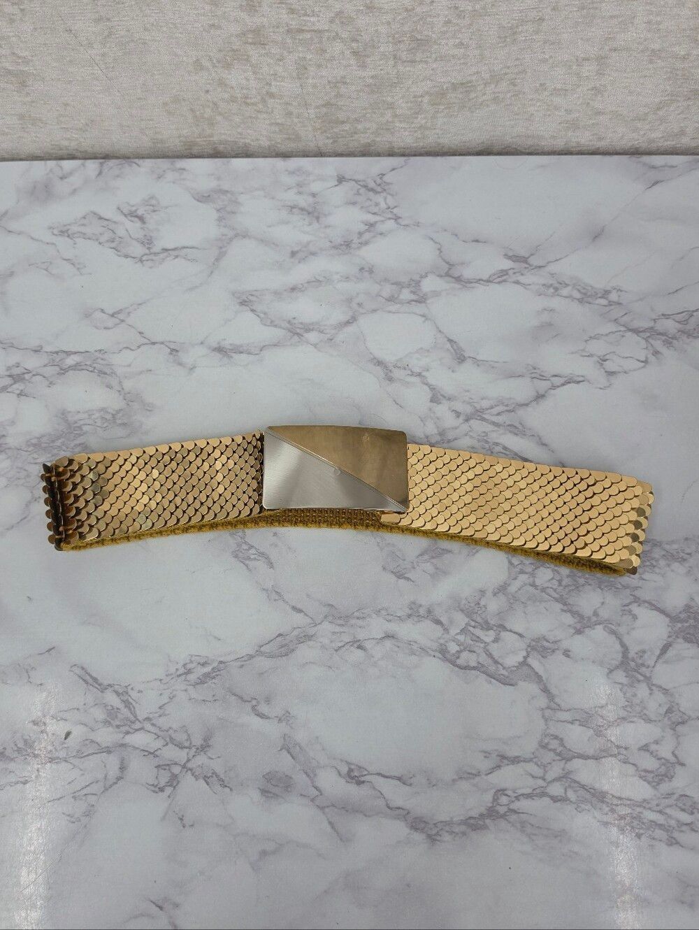 Vintage 80s Gold Tone Articulated Fishscale Stretch Belt Two Tone Buckle